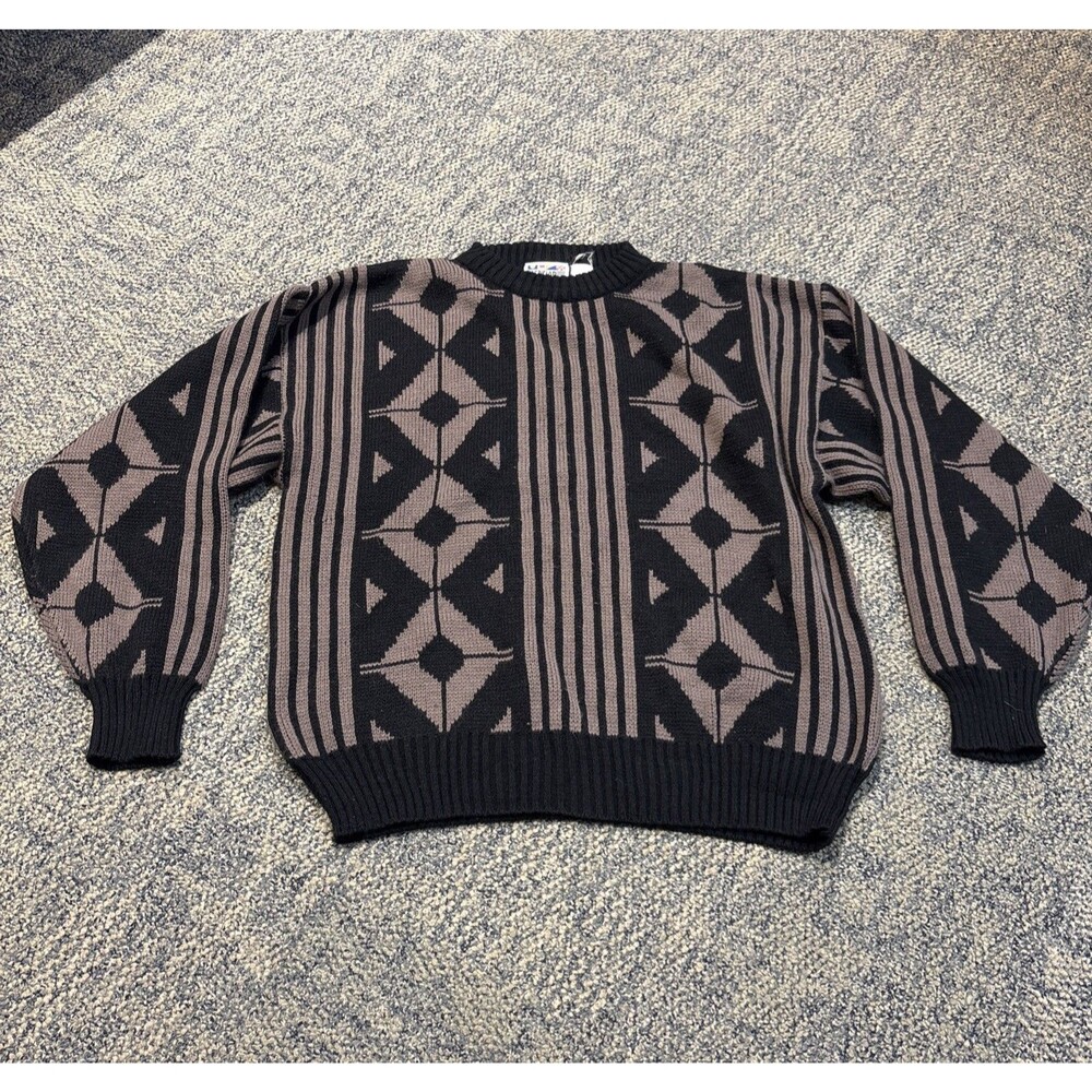 Vintage 90s Patrician Sweater Mens M Black Brown Geometric Knit Southwestern